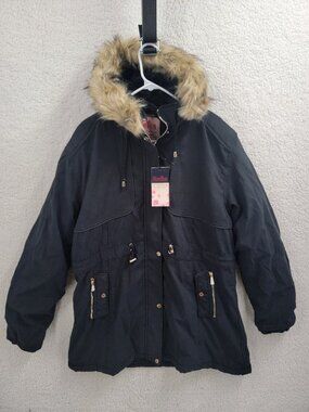 HanTon Womens 2XL Black Sherpa Lined Parka Jacket Faux Fur Hood Military Style